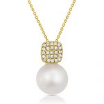 3-Piece 14K Yellow Gold Squer Diamond and Pearl Pendant