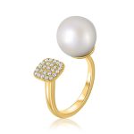 4K Yellow Gold Squer Diamond and Pearl Ring